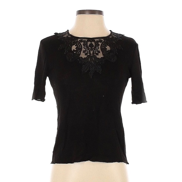 Zara Women’s Black Lace Neckline Short Sleeves Blouse Top - Size Small - Picture 6 of 6